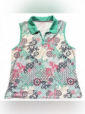 Lillie Green Golf Sleeveless Polo Top with Mint Collar and Floral Print